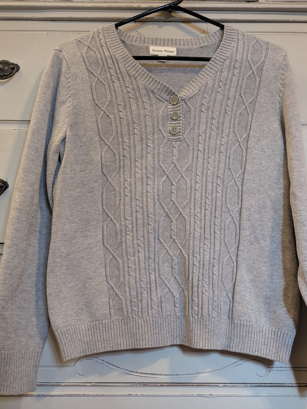 Light Gray Cable-Knit V-Neck Sweater